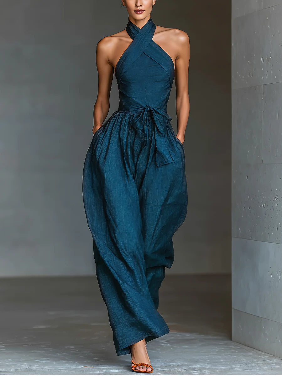 Elegant Jumpsuits for Women with Cross Halter Neck Wide Leg Side Pocket Belted Formal Style