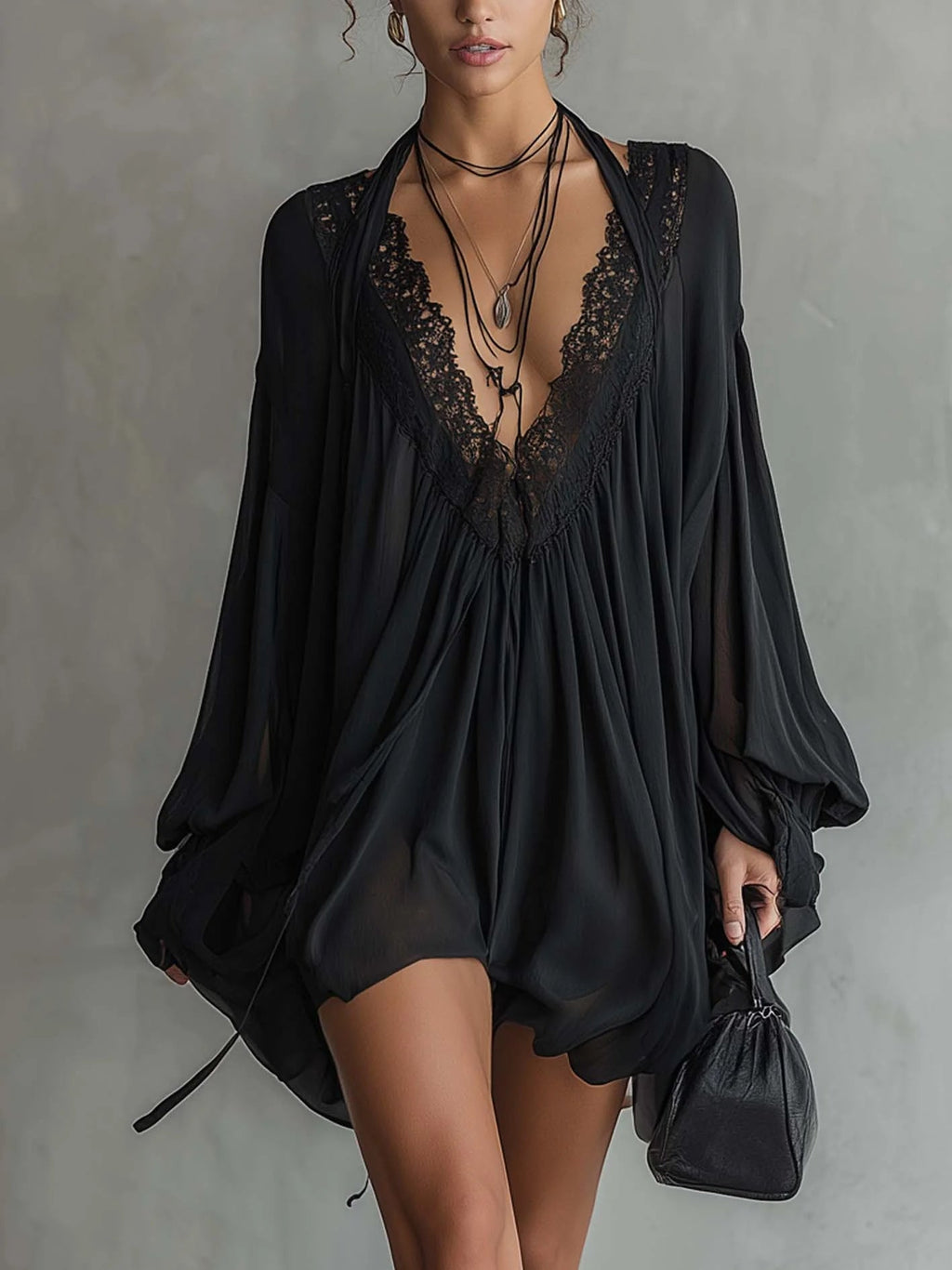 Elegant Black Dress for Women with Lace V-Neck Halter Tie Balloon Hem Long Sleeve Chiffon Mini Style