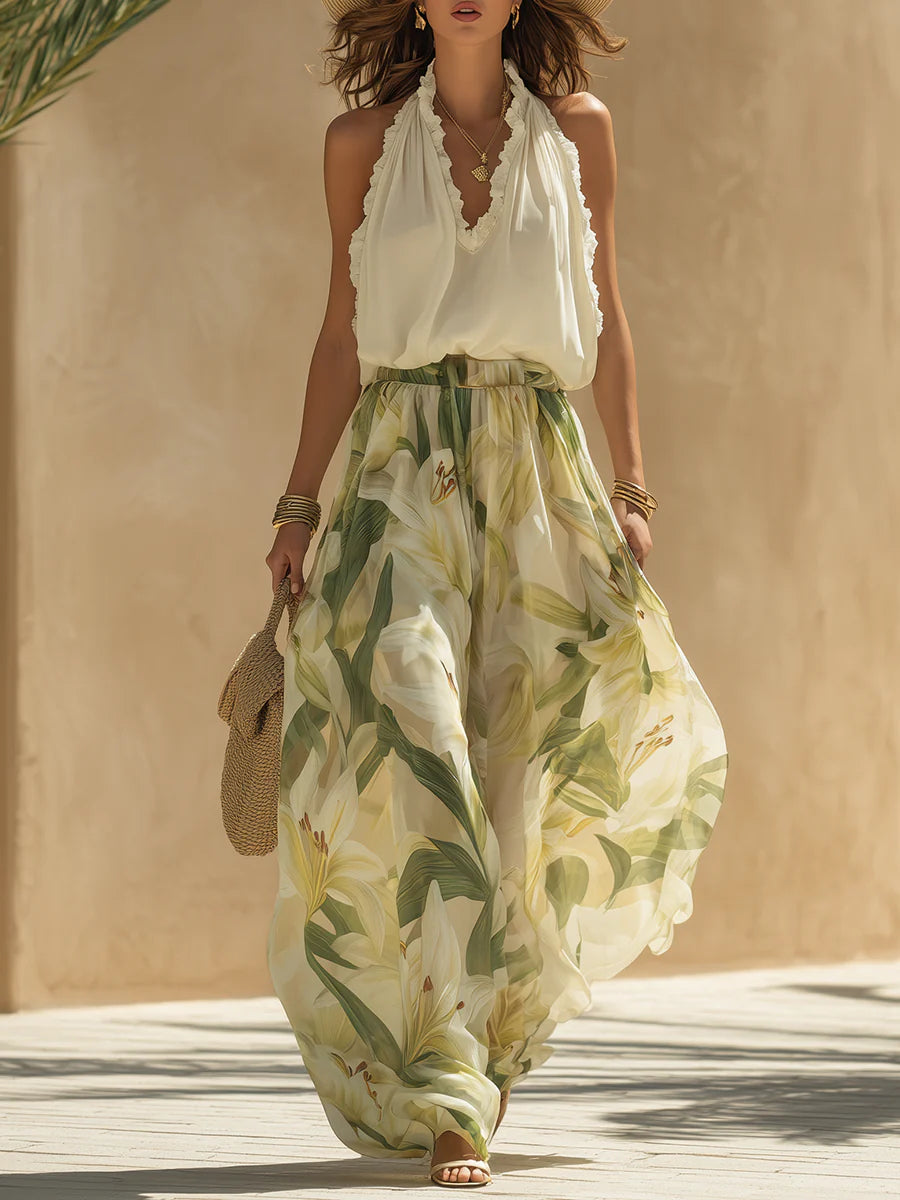Effortless Two Piece Set for Women with Floral Print Halter Ruffle Neck Wide Leg Chiffon Vacation Style