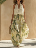 Effortless Two Piece Set for Women with Floral Print Halter Ruffle Neck Wide Leg Chiffon Vacation Style
