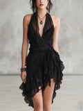 Elegant Black Mini Dress for Women with Sheer Chiffon Halter Deep V-Neck Lace Ruffle Wrap Style