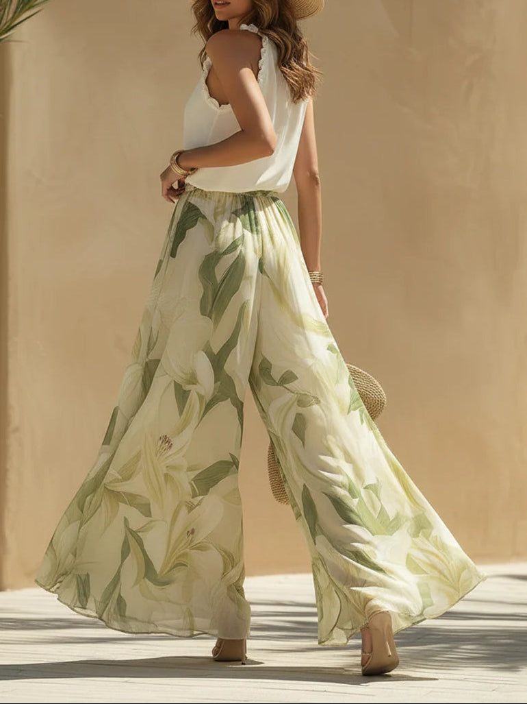 Effortless Two Piece Set for Women with Floral Print Halter Ruffle Neck Wide Leg Chiffon Vacation Style