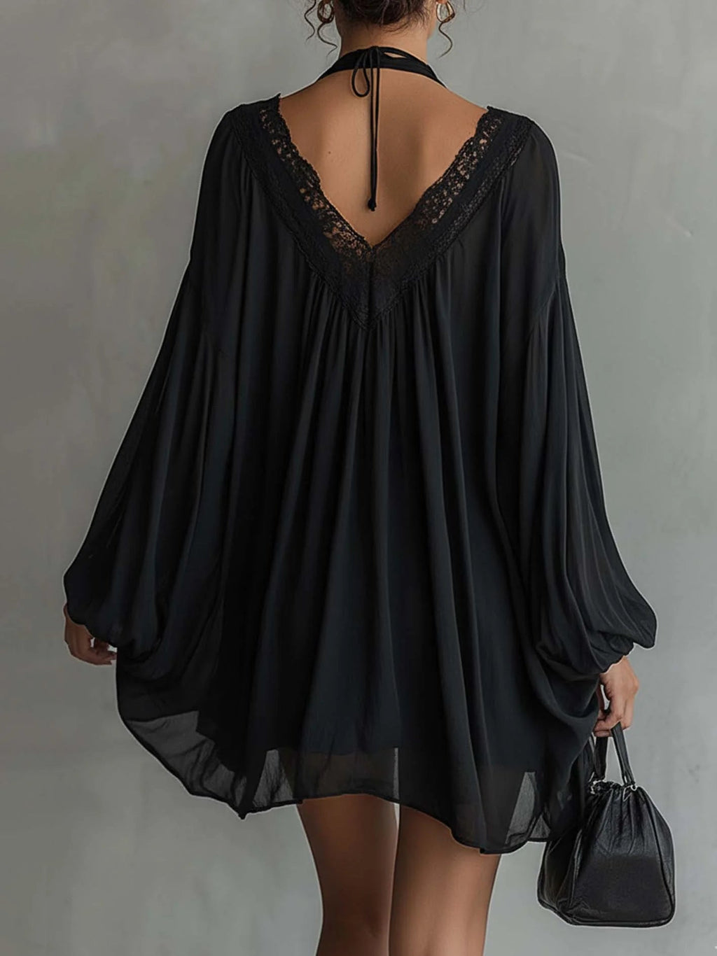 Elegant Black Dress for Women with Lace V-Neck Halter Tie Balloon Hem Long Sleeve Chiffon Mini Style