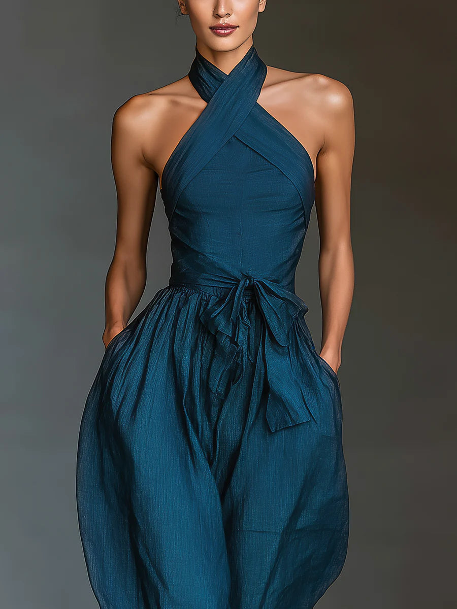 Elegant Jumpsuits for Women with Cross Halter Neck Wide Leg Side Pocket Belted Formal Style
