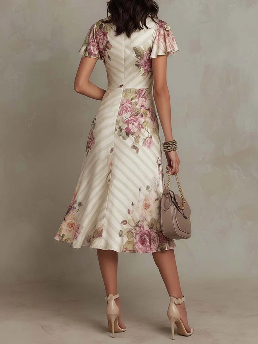 Elegant Floral Dress for Women with Satin Ruched Wrap V-Neck Flutter Sleeve Formal Wedding Guest Style