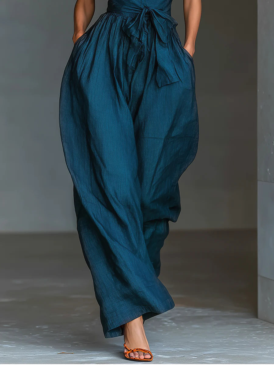 Elegant Jumpsuits for Women with Cross Halter Neck Wide Leg Side Pocket Belted Formal Style