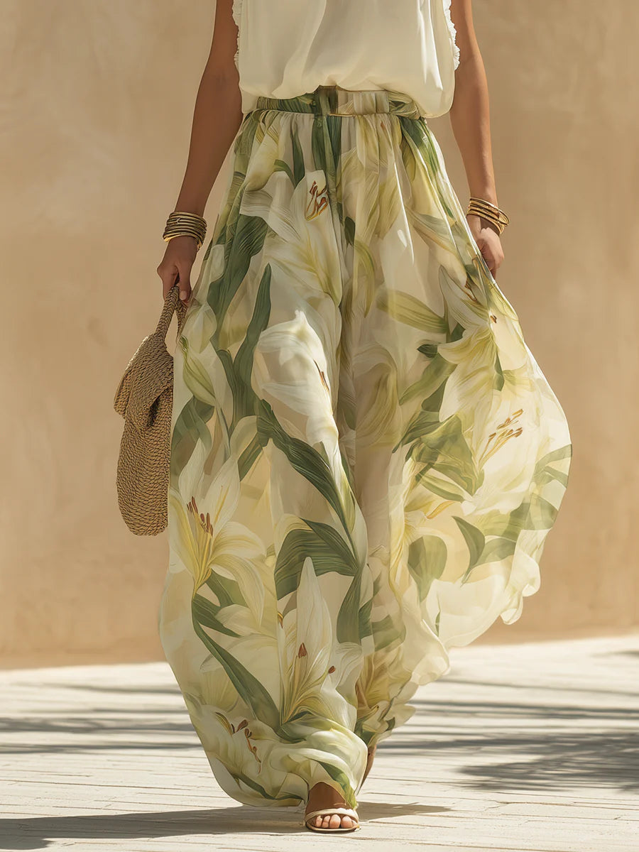 Effortless Two Piece Set for Women with Floral Print Halter Ruffle Neck Wide Leg Chiffon Vacation Style