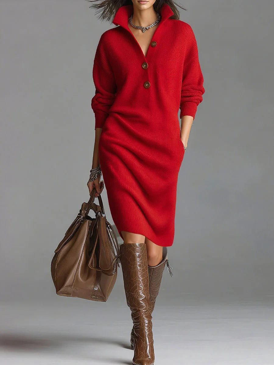 Effortless Casual Dress for Women with Stand Collar Long Sleeve Button Knit Loose Midi Style