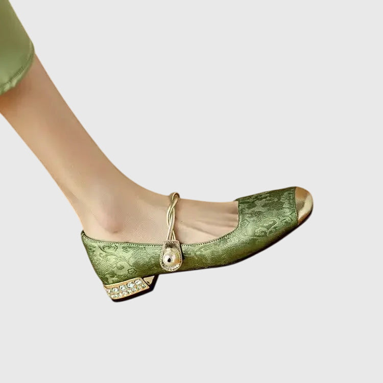 Elegant Mary Jane Shoes for Women with Round Toe Rhinestone Heel Jacquard Fabric Flat Slip On Style