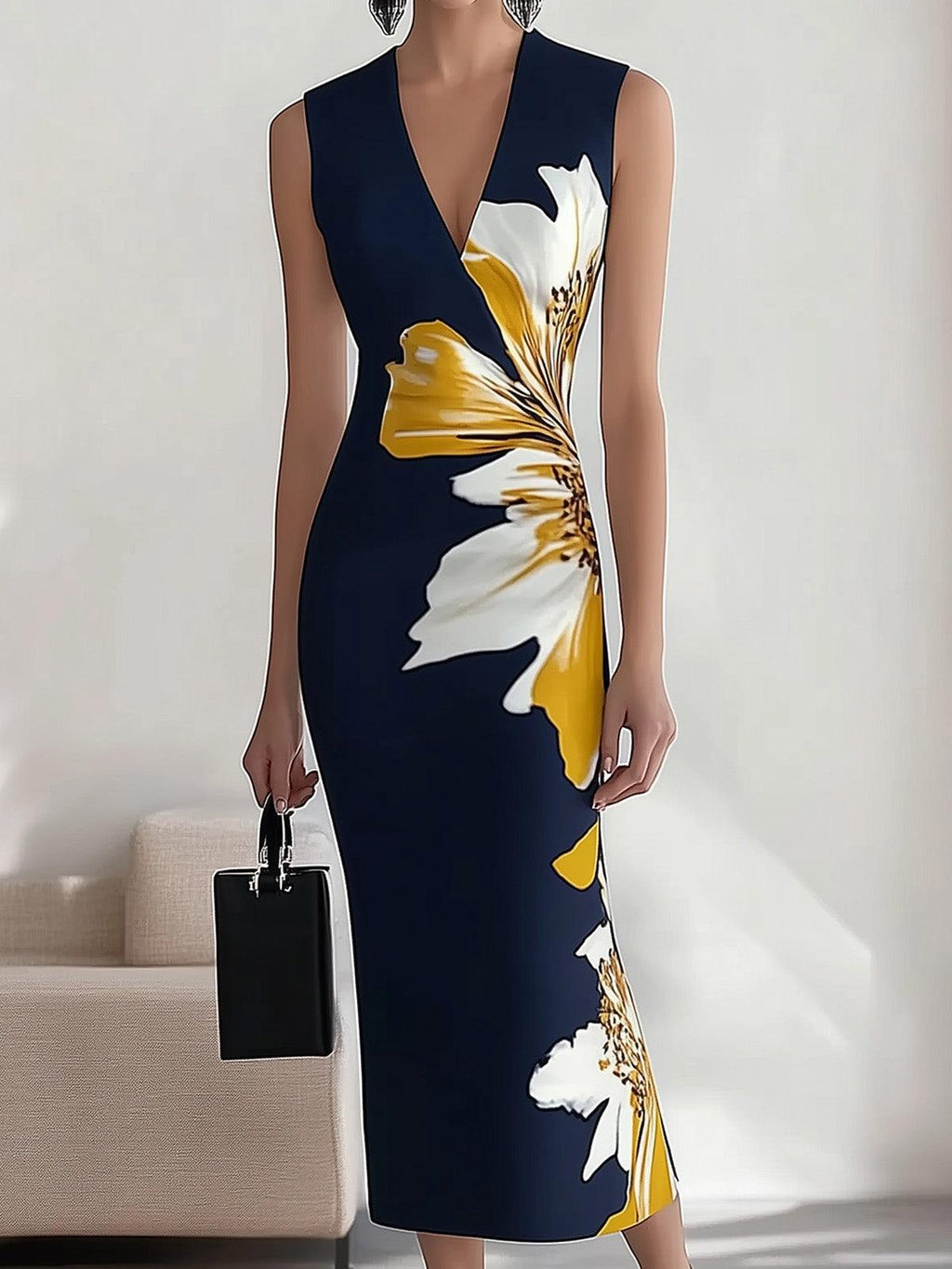 Elegant Midi Dress for Women with Oversized Floral Print V-Neck Sleeveless Bodycon Formal Party Style