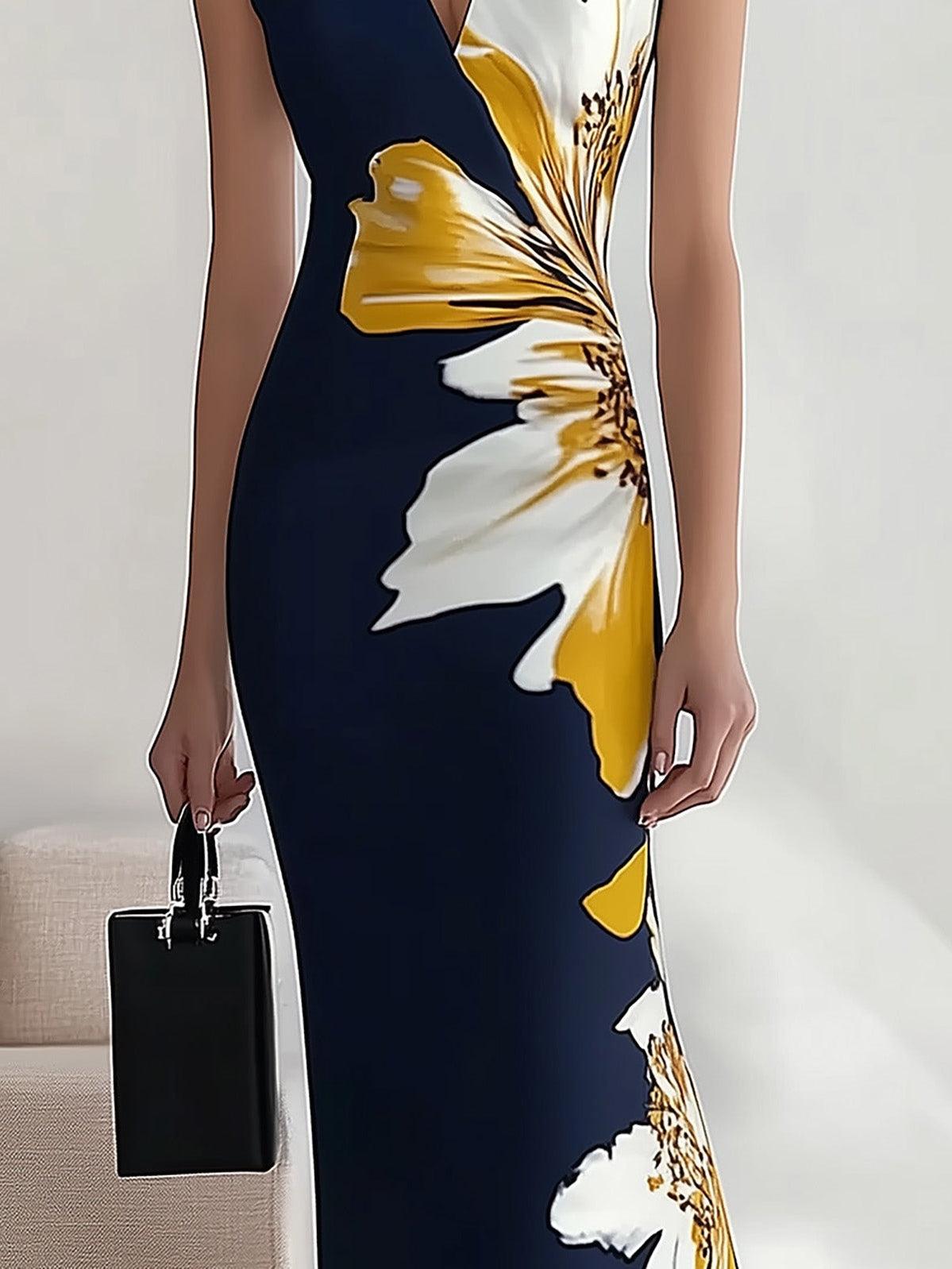 Elegant Midi Dress for Women with Oversized Floral Print V-Neck Sleeveless Bodycon Formal Party Style