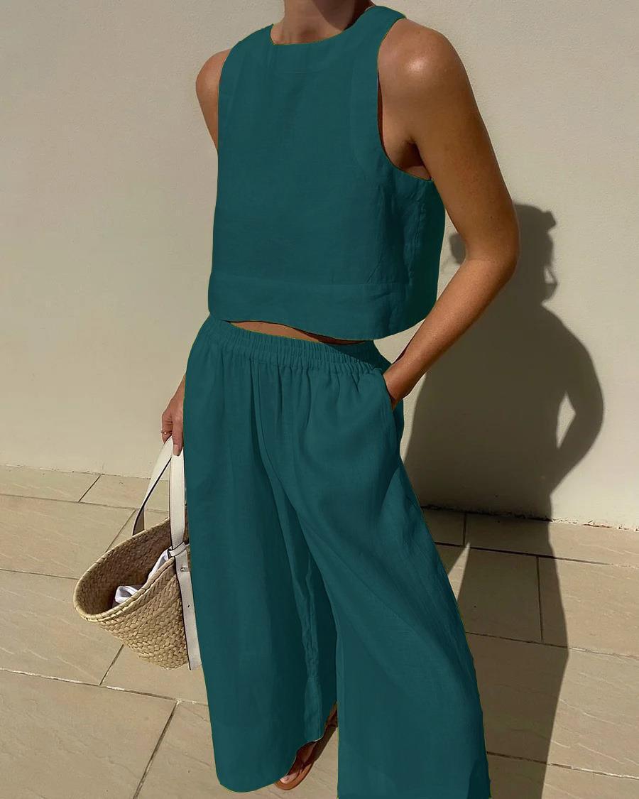 Effortless Two Piece Set for Women with Sleeveless Crop Tank Top Wide Leg Shorts Casual Summer Style