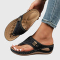 Comfortable Sandals for Women with Toe Loop Laser Cut Wedge Heel Buckle Strap Orthopedic Flip Flop Style