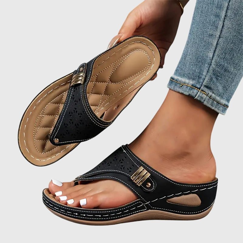 Comfortable Sandals for Women with Toe Loop Laser Cut Wedge Heel Buckle Strap Orthopedic Flip Flop Style
