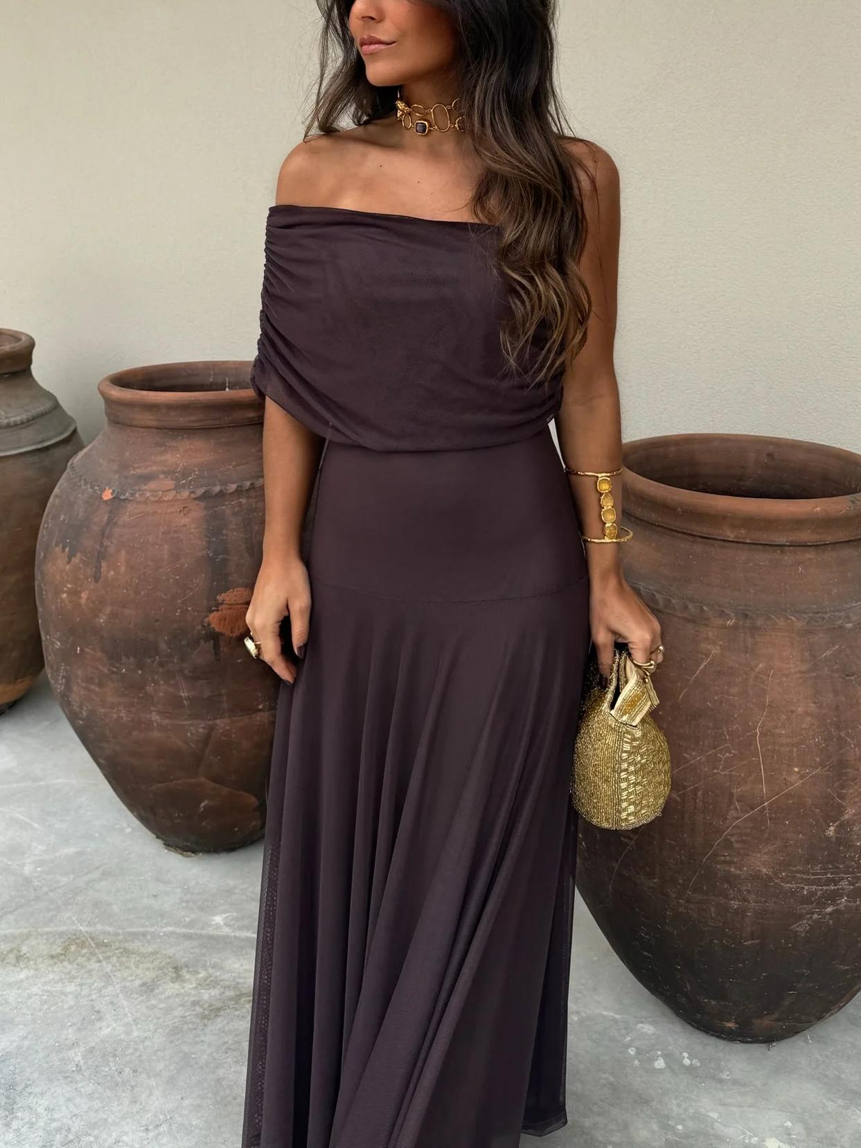 Elegant Maxi Dresses for Women with Mesh Off Shoulder Draped Neckline Ruched Bodycon Formal Style