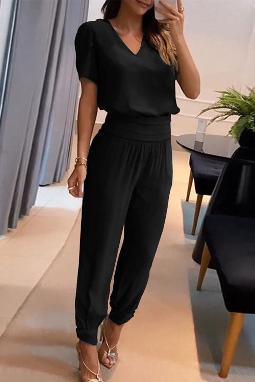 Effortless Two-Piece Set for Women with V-Neck Short Sleeve Top Elastic Waist Wide Leg Pants Casual Style