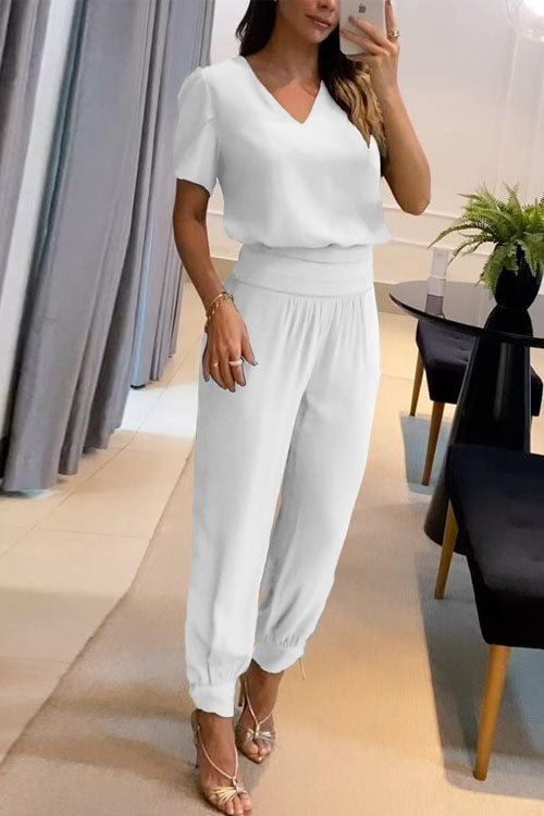 Effortless Two-Piece Set for Women with V-Neck Short Sleeve Top Elastic Waist Wide Leg Pants Casual Style