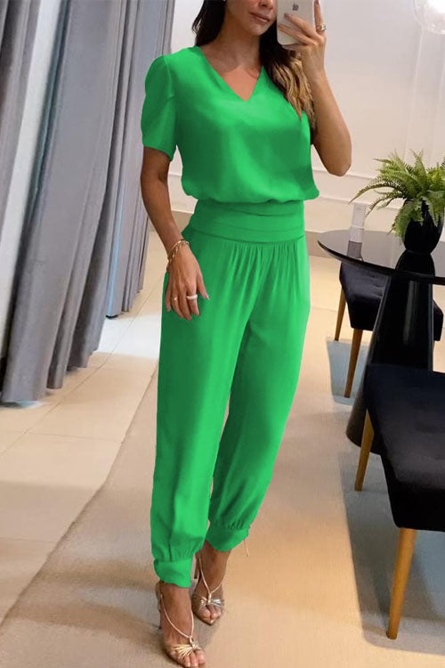 Effortless Two-Piece Set for Women with V-Neck Short Sleeve Top Elastic Waist Wide Leg Pants Casual Style