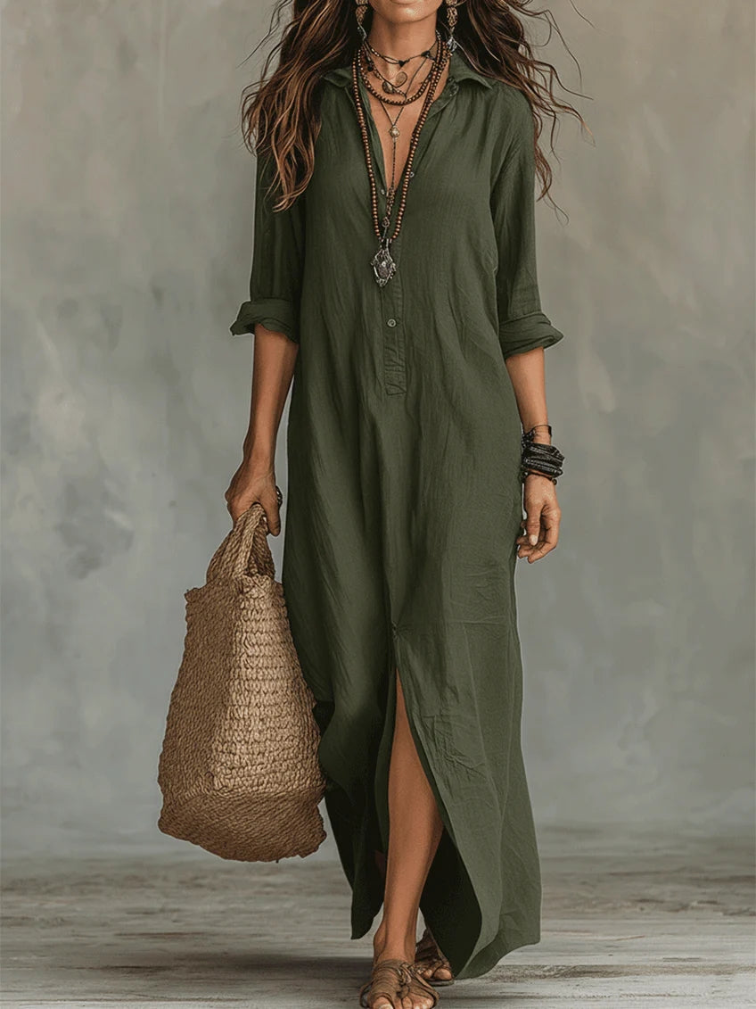 Effortless Shirt Dress for Women with Collar Button Down Long Sleeve Loose Fit Casual Maxi Style