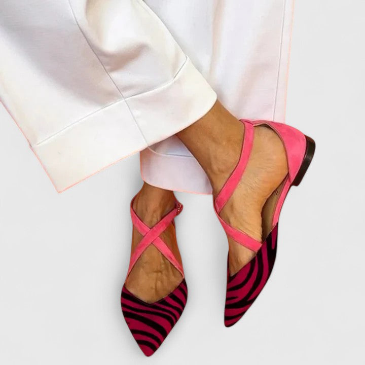Elegant Sandals for Women with Pointed Toe Criss Cross Strap Zebra Print Flat Slip On Casual Style