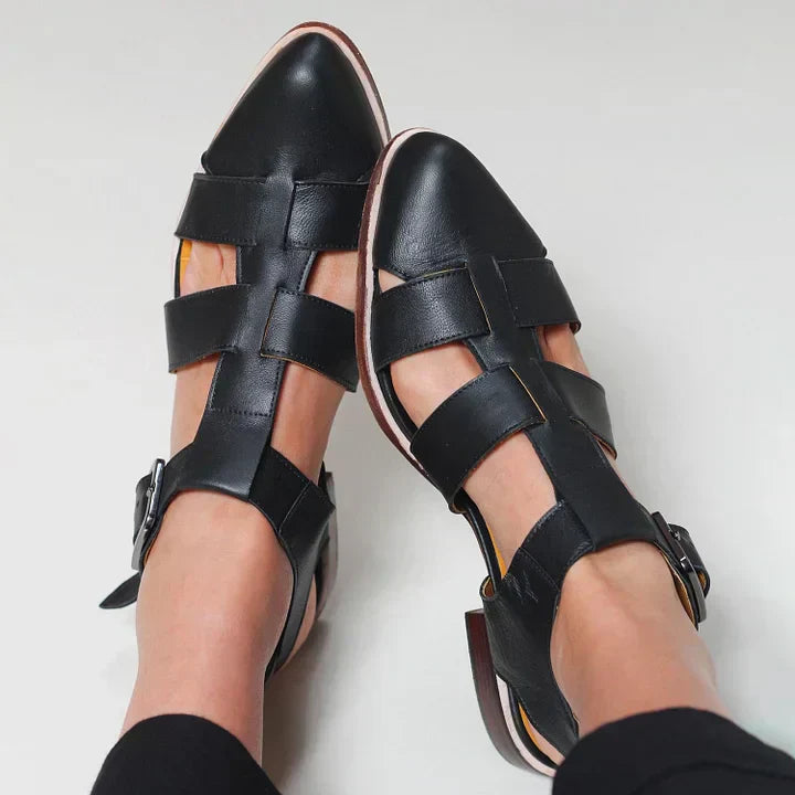 Stylish Leather Sandals for Women with Pointed Toe Woven Strap Ankle Buckle Flat Sole Casual Summer Style