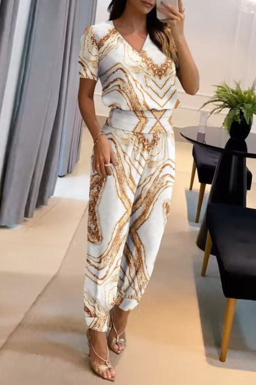 Effortless Two-Piece Set for Women with V-Neck Short Sleeve Top Elastic Waist Wide Leg Pants Casual Style