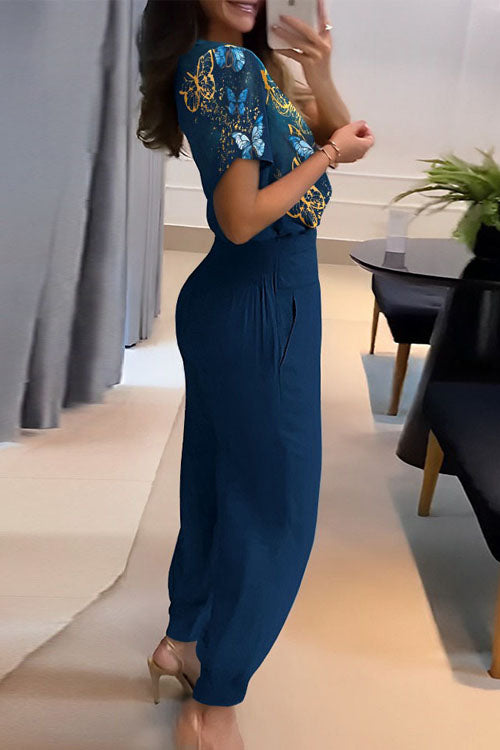 Effortless Two-Piece Set for Women with V-Neck Short Sleeve Top Elastic Waist Wide Leg Pants Casual Style