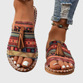 Comfortable Sandals for Women with Toe Ring Tassel Detail Ethnic Print Flat Sole Casual Flip Flop Style