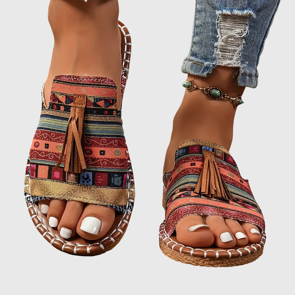 Comfortable Sandals for Women with Toe Ring Tassel Detail Ethnic Print Flat Sole Casual Flip Flop Style
