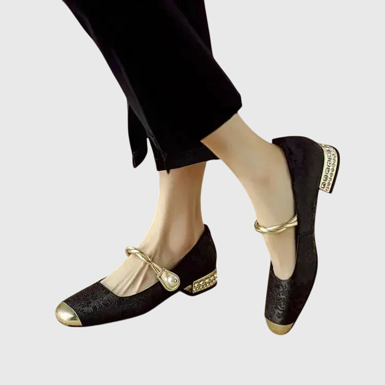 Elegant Mary Jane Shoes for Women with Round Toe Rhinestone Heel Jacquard Fabric Flat Slip On Style