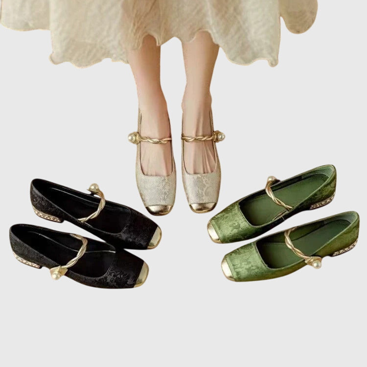 Elegant Mary Jane Shoes for Women with Round Toe Rhinestone Heel Jacquard Fabric Flat Slip On Style