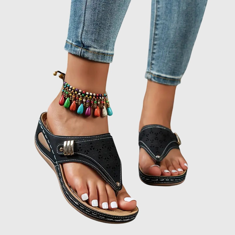 Comfortable Sandals for Women with Toe Loop Laser Cut Wedge Heel Buckle Strap Orthopedic Flip Flop Style