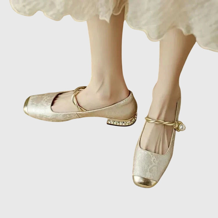 Elegant Mary Jane Shoes for Women with Round Toe Rhinestone Heel Jacquard Fabric Flat Slip On Style