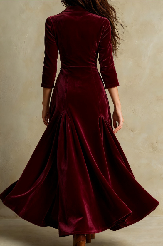 Elegant Long Dresses for Women with Suit Collar Elbow Sleeve Button Front Velvet Maxi Formal Style
