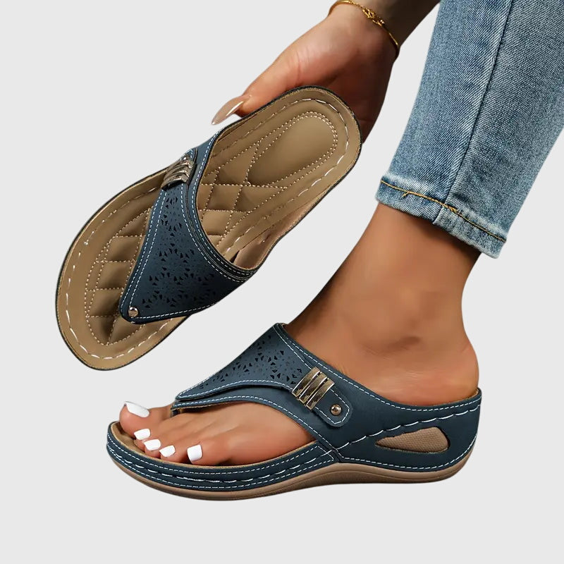 Comfortable Sandals for Women with Toe Loop Laser Cut Wedge Heel Buckle Strap Orthopedic Flip Flop Style
