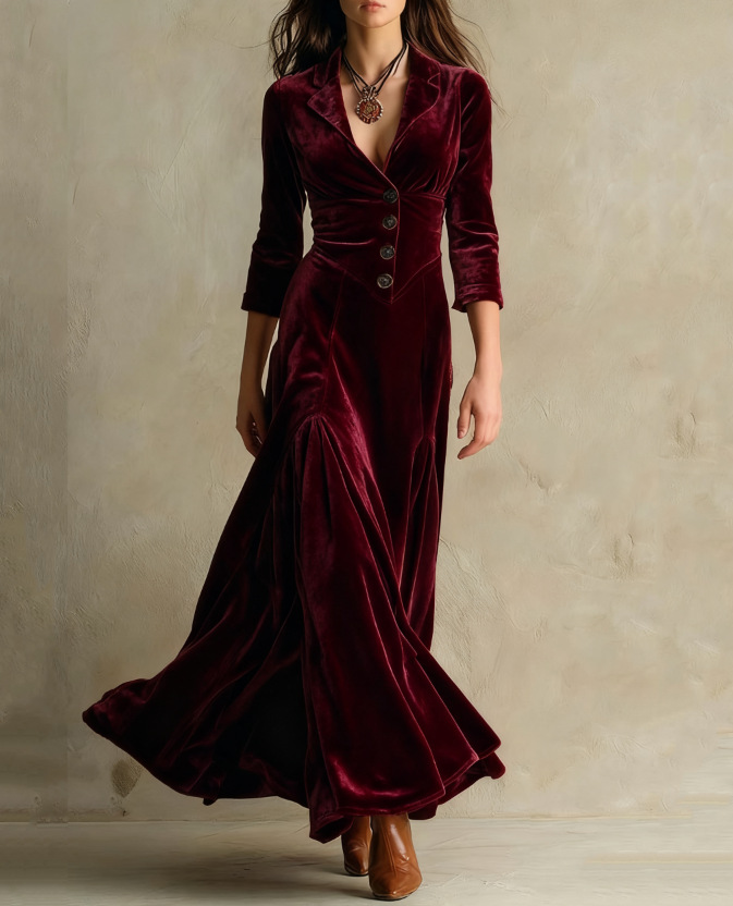 Elegant Long Dresses for Women with Suit Collar Elbow Sleeve Button Front Velvet Maxi Formal Style