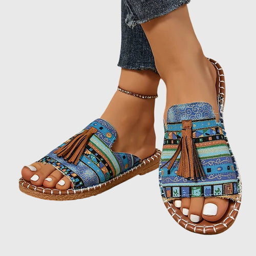 Comfortable Sandals for Women with Toe Ring Tassel Detail Ethnic Print Flat Sole Casual Flip Flop Style