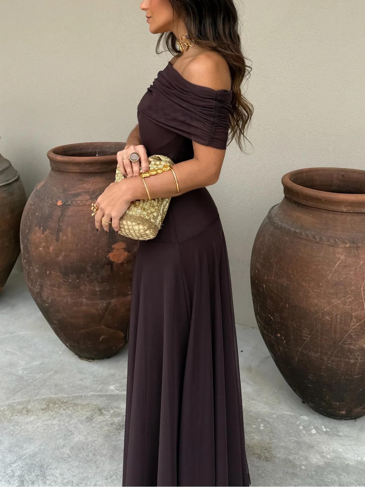 Elegant Maxi Dresses for Women with Mesh Off Shoulder Draped Neckline Ruched Bodycon Formal Style
