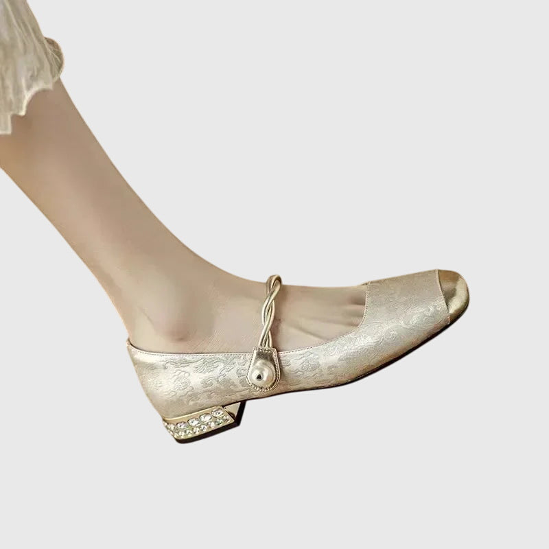 Elegant Mary Jane Shoes for Women with Round Toe Rhinestone Heel Jacquard Fabric Flat Slip On Style