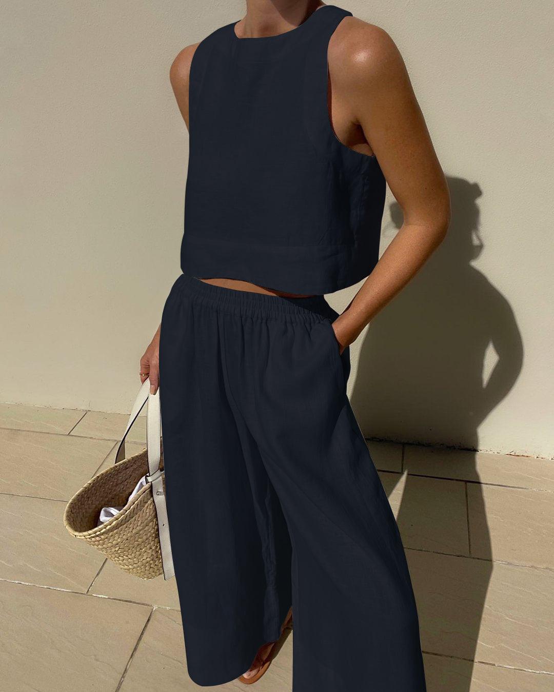 Effortless Two Piece Set for Women with Sleeveless Crop Tank Top Wide Leg Shorts Casual Summer Style