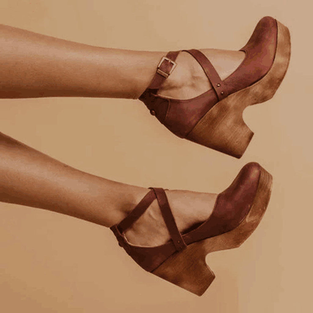 Stylish Wedge Sandals for Women with Ankle Strap Buckle Closure Wood Platform Heel Leather Casual Style