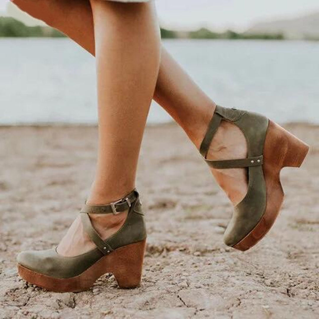 Stylish Wedge Sandals for Women with Ankle Strap Buckle Closure Wood Platform Heel Leather Casual Style
