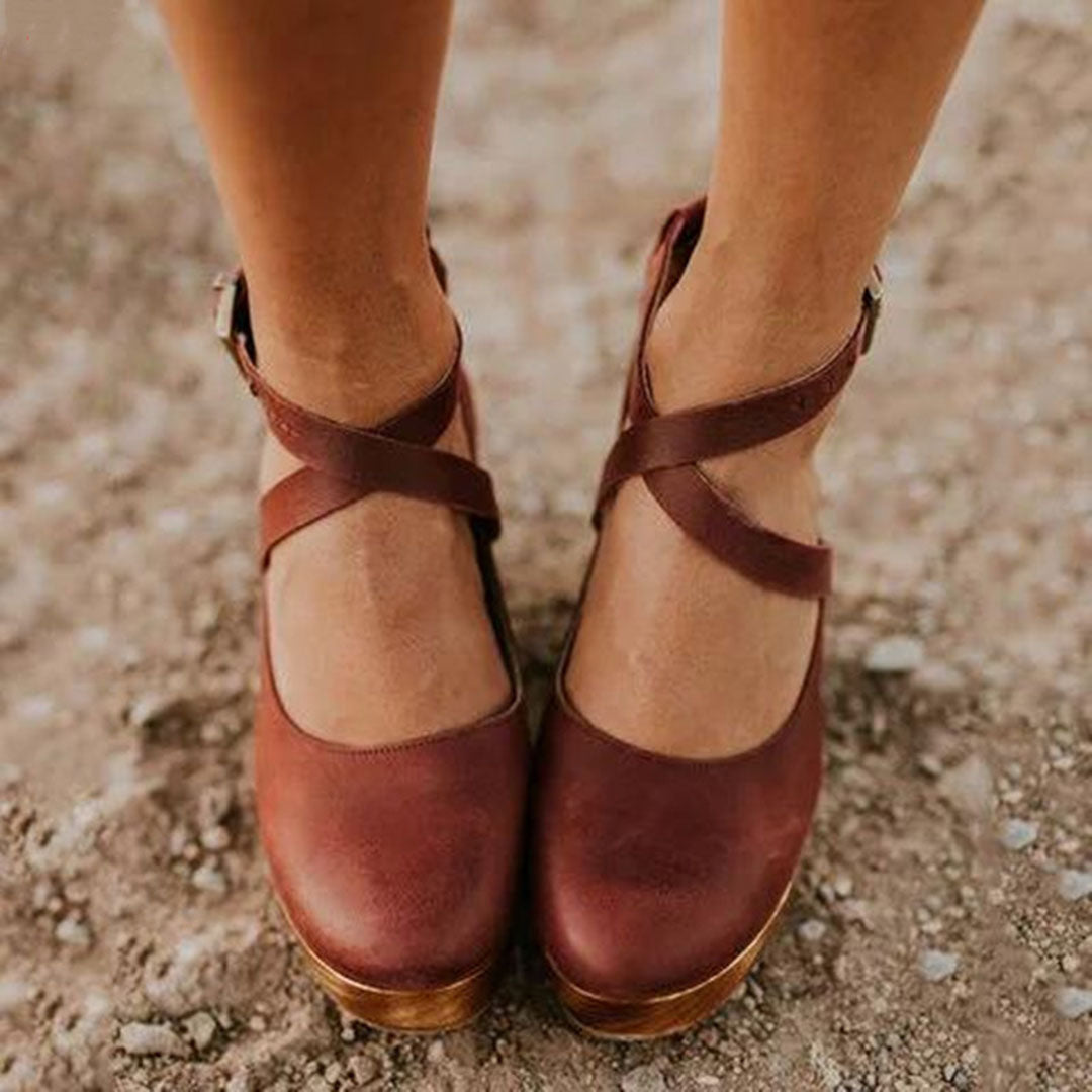 Stylish Wedge Sandals for Women with Ankle Strap Buckle Closure Wood Platform Heel Leather Casual Style