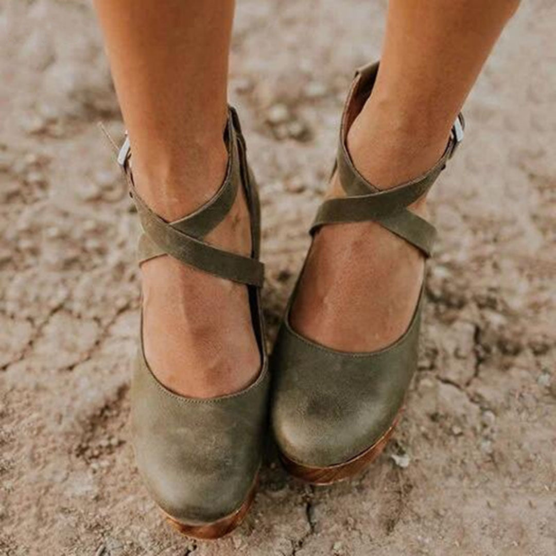 Stylish Wedge Sandals for Women with Ankle Strap Buckle Closure Wood Platform Heel Leather Casual Style