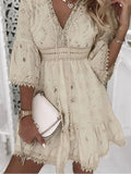 Effortless Sundress for Women with V-Neck Bell Sleeve Eyelet Lace Trim Smocked Waist Mini Style