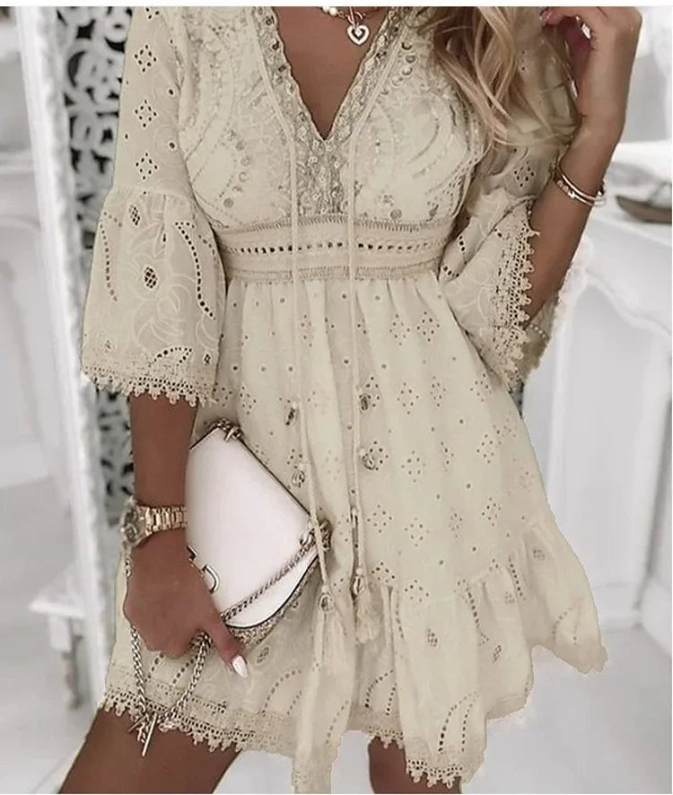 Effortless Sundress for Women with V-Neck Bell Sleeve Eyelet Lace Trim Smocked Waist Mini Style