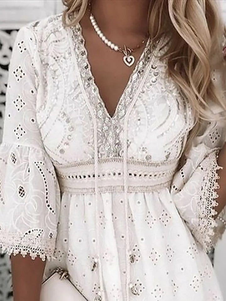 Effortless Sundress for Women with V-Neck Bell Sleeve Eyelet Lace Trim Smocked Waist Mini Style