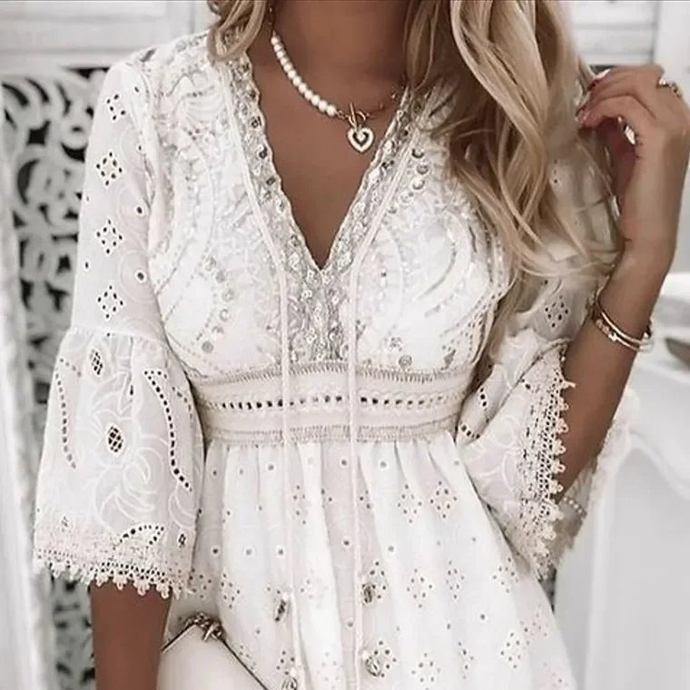 Effortless Sundress for Women with V-Neck Bell Sleeve Eyelet Lace Trim Smocked Waist Mini Style