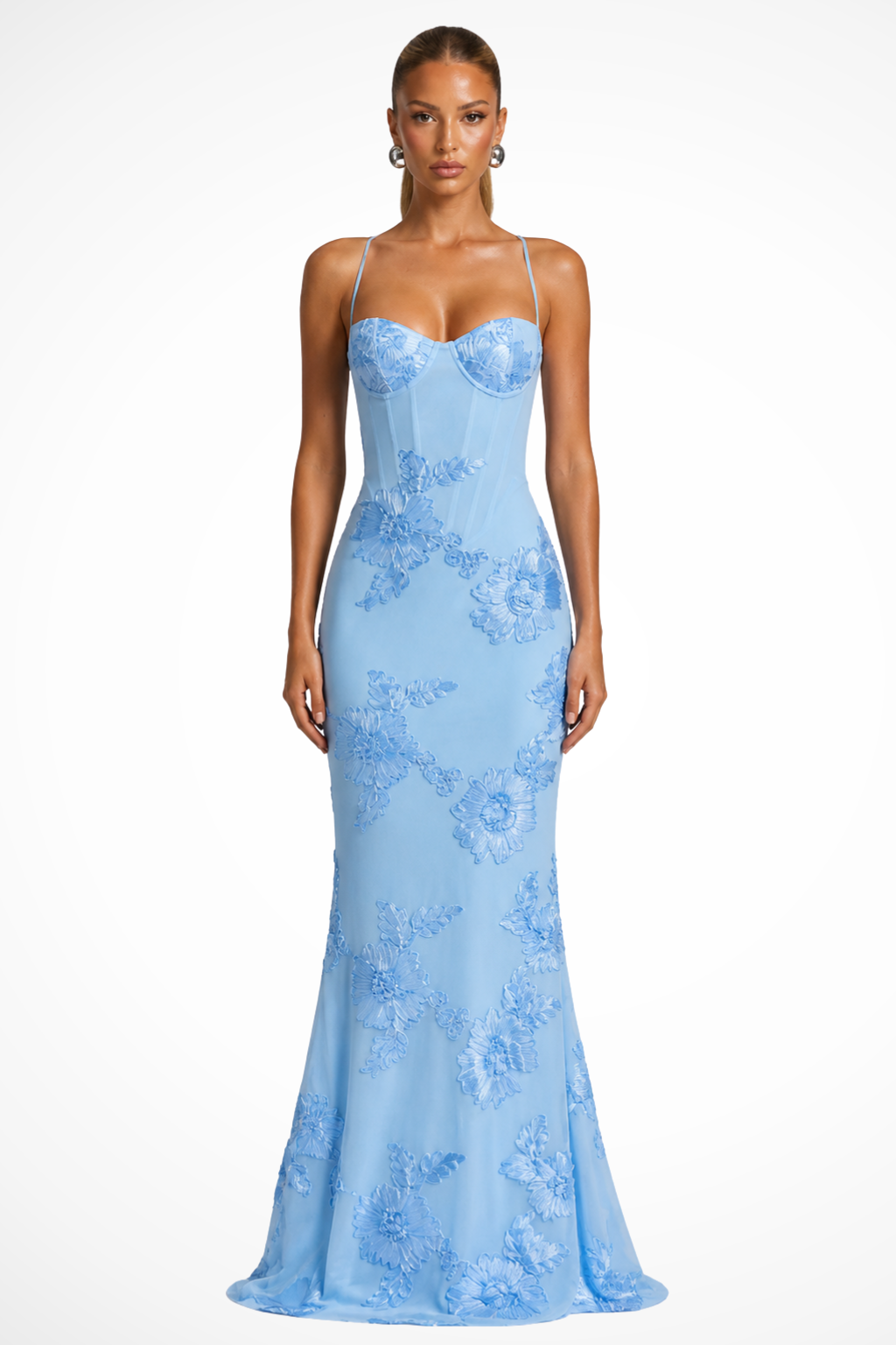 Elegant Formal Wedding Guest Dress for Women with Sweetheart Corset Spaghetti Strap Floral Embroidered Maxi Style