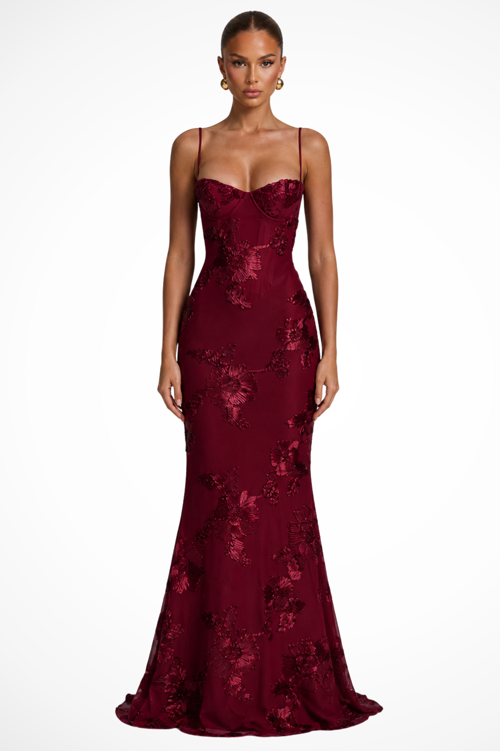 Elegant Formal Wedding Guest Dress for Women with Sweetheart Corset Spaghetti Strap Floral Embroidered Maxi Style